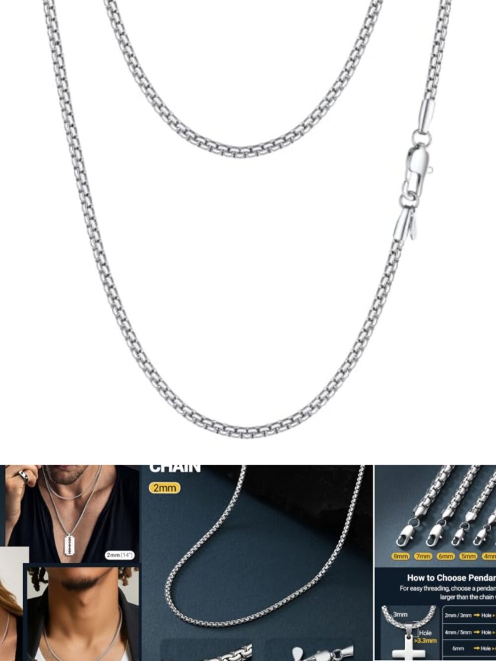 PROSTEEL Stainless Steel Flat Box Link Chain Necklace 22 Inch Men Women